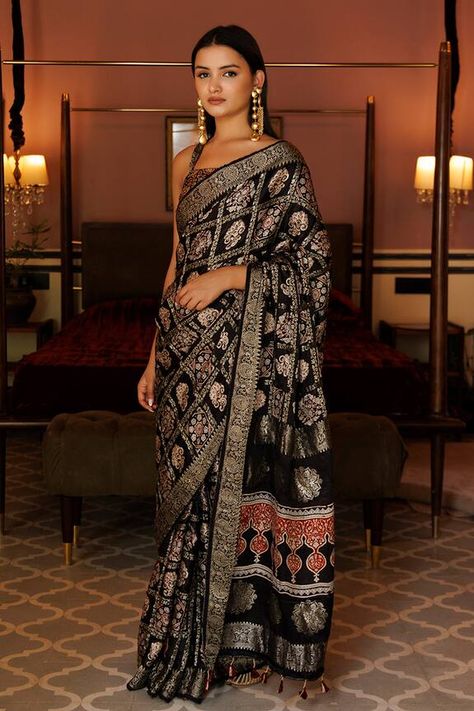 Black saree in a gharchola pattern with floral geometric ajrakh prints and woven zari floral vine patterns. Comes with an unstitched blouse fabric. - Aza Fashions Alia Bhatt Ajrakh Saree, Black Printed Saree, Modal Saree, Gharchola Saree, Sarees Black, Ajrakh Sarees, Ajrakh Prints, Indian Wedding Inspiration, Black Saree