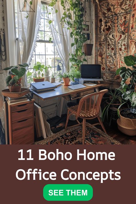 Discover 11 inspiring bohemian home office concepts to elevate your workspace! Bring a touch of creativity and comfort into your work environment with these unique ideas. Whether you prefer earthy hues, natural textures, or eclectic decor, there's something for every boho style. From cozy nooks to vibrant accents, these concepts will help you create a productive and inspiring home office space that reflects your personality. Embrace the free-spirited energy of bohemian design in your workspace t Small Boho Office Ideas, Boho Desk Organization, Bohemian Home Office Decor, Boho Home Office Inspiration, Bohemian Office Decor Ideas, Bohemian Home Office Ideas, Office Bookshelf Styling, Boho Chic Office Decor, Boho Office Space