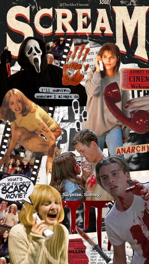 #scream #screammovie #moodboard #collage #aesthetic #halloween #horrormovie Scream Movie 1996 Aesthetic, Scream Wallpapers Collage, Scream One Aesthetic, Scream 1996 Aesthetic Icons, Scream 1 Wallpapers Aesthetic, Penny Wise Background, Ghost Face Collage Wallpaper, Wallpaper Iphone Collage Aesthetic, Scream Film Aesthetic