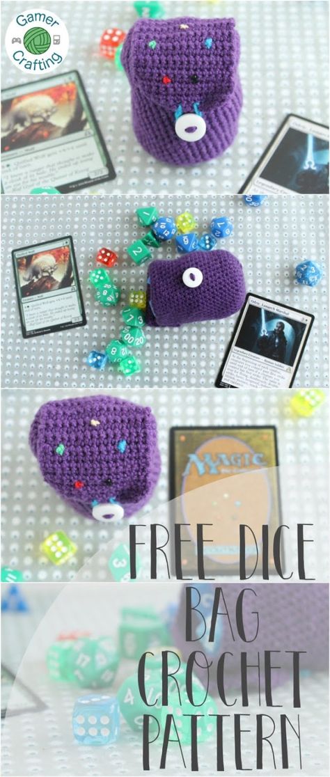 Free dice bag crochet pattern | GamerCrafting Yarns Amigurumi Patterns, Crochet Suitcase Free Pattern, Crochet Dice Bag Pattern, Dice Bag Crochet Pattern, Dice Bag Crochet, Dice Bag Pattern, Geeky Crochet Patterns, Crochet Dice Bag, Nerd Crochet