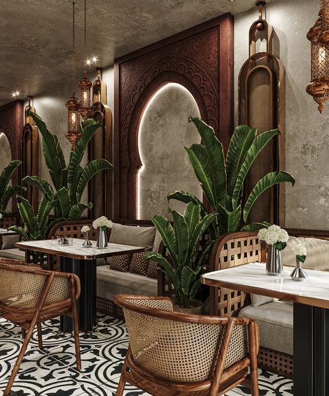 Restaurant design Traditional Style Restaurant Design, Cafe Style Interior, Modern Indian Restaurant Design, Arabic Interior Design Restaurant, Nigerian Restaurant Interior, Indian Bar Design, Moroccan Cafe Interiors, Modern African Restaurant Design, Boho Theme Restaurant