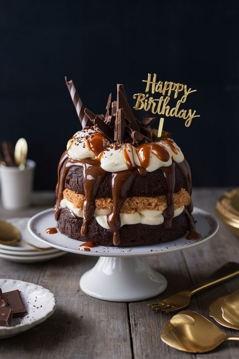 Chocolate Caramel Birthday Cake: A Sweet Celebration! Birthday Cakes Aesthetic, Caramel Birthday Cake, Cakes Aesthetic, Happpy Birthday, Caramel Drizzle, Cake Aesthetic, Creamy Caramel, Beautiful Decorations, Chocolate Shavings