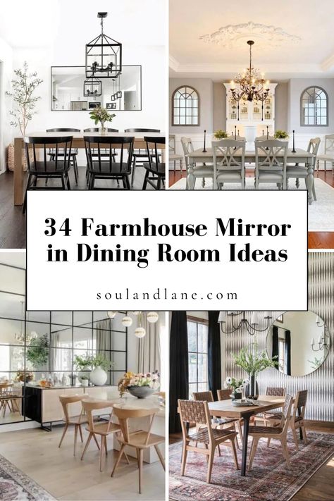 Elevate the charm of your dining space with our farmhouse mirror dining room inspirations. From distressed wood frames to vintage accents, discover creative ways to add depth and character to your room. These ideas promise to create a warm and inviting ambiance, perfect for enhancing the rustic charm of farmhouse style in your dining area. Dining Room Accent Wall With Mirror, Dining Wall Decor Ideas Mirror, Vintage Farmhouse Decor Dining Room, Mirrors On Dining Room Wall, Mirror At Dining Room, Mirrors Over Sideboards, Double Mirror Dining Room, Mirror Dining Room Wall Decor, Mirror Wall Dinning Room Interior Design