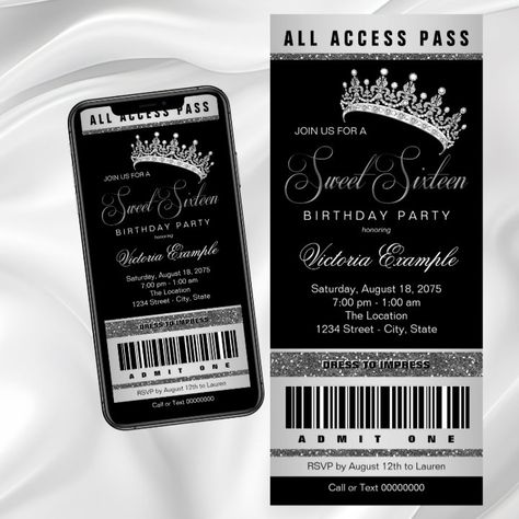 Black And White Sweet 16 Theme, Black And Silver Party Theme, Black And White Sweet 16, Sweet 16 Venues, Black Sweet 16, Sweet 16 Sign, Silver Sweet 16, Sweet 15 Invitations, Princess Sweet 16