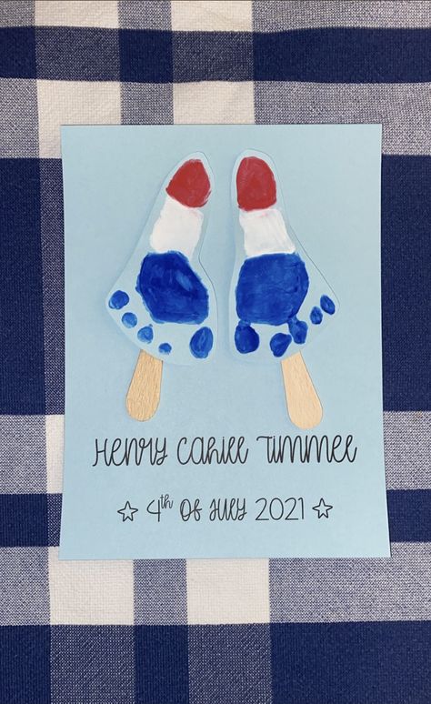 Fun Theme For Preschool, Fourth Of July Pictures Ideas, Infant Room Art Projects, 4th Of July Infant Activities, Popsicle Footprint Art, 4th Of July Nicu Craft, Forth Of July Baby Crafts, Firecracker Footprint Art, Baseball Footprint Craft