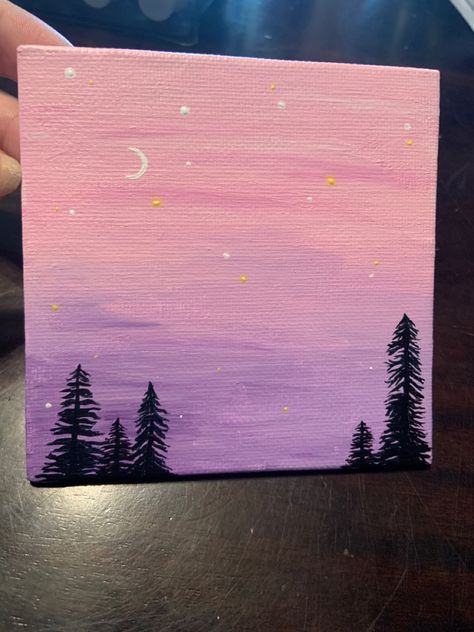 Pink and purple ombré background with black tree outline. Small crescent moon with some dotted stars throughout. Purple And Black Painting Ideas, Purple And Pink Sky Painting, Painting Ideas With Pink Background, Painting Ideas Purple Background, Pink Background Canvas Painting, Painting Ideas On Canvas Backgrounds, Pink Sunset Canvas Painting, Paintings On A Black Background, Purple And Pink Sunset Painting