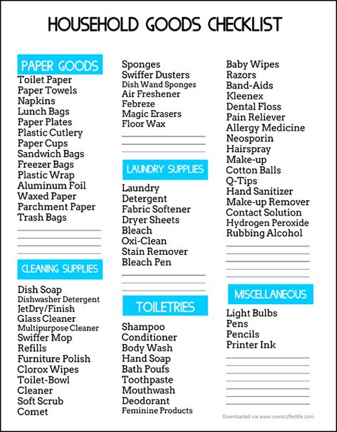 Free downloadable printable—a checklist to help you keep track of your household goods. Includes paper goods, cleaning supplies, laundry supplies, toiletries, and miscellaneous categories. #overstuffedlife Organisation, New Home Checklist, Allergy Medicine, First Apartment Checklist, Apartment Checklist, Way To Save Money, Plastic Cutlery, First House, Budget Planer