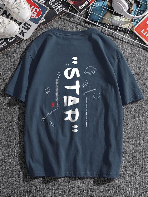 Navy Blue Casual  Short Sleeve Cotton Letter  Embellished Slight Stretch Summer Men Tops Navy Blue T Shirt Outfit Men, Navy Blue Outfits Men, Blue T Shirt Design, Minimal Shirt Design, Vintage Shirt Design, Graphic Shirt Design, Cool Shirt Designs, Fashion Poster Design, Celebrity Casual Outfits