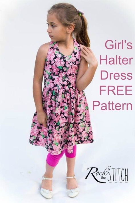 FREE sewing pattern for a girls halter neck summer dress. Girl free dress sewing pattern. Gathered skirt. Sleevelss dress with halterneck. #SewingForFree #SewForFree #FreeSewingPattern #FreeDressPattern #GirlsSewingPattern #SewAGirlsDress #SewingForGirls #SewingForChildren #GirlsDressPattern Girls Summer Dress Pattern, Girls Halter Dress, Girls Dress Pattern Free, Halter Dress Pattern, Dress Sewing Patterns Free, Kids Robes, Baby Dress Pattern, Girls Dress Sewing Patterns, Summer Dress Patterns