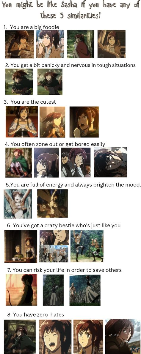 Comment down if you are like Sasha 😊 Also,comment if you want more such Pins on other Aot characters 🙂 #aot #Sasha Braus Sasha Attack On Titan, Aot Sasha, Sasha Braus, Aot Funny, Aot Memes, Aot Characters, Anime Character, Cute Anime Character, Attack On Titan