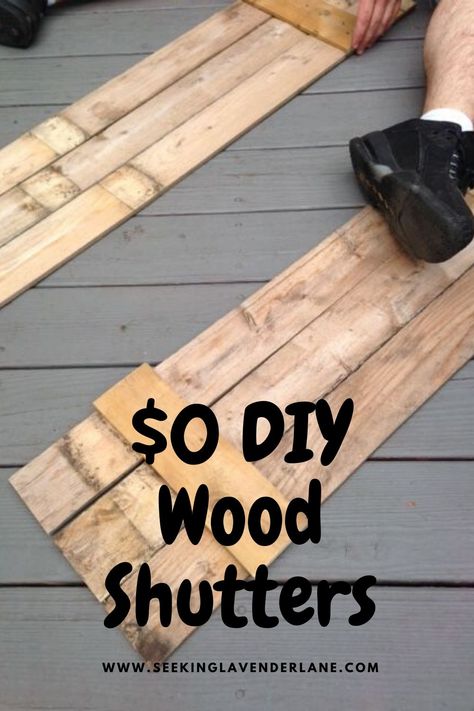 Homemade Shutters For Windows, Dyi Shutters Exterior, Faux Wood Exterior Shutters, Long Shutters Exterior, Green House Wooden Shutters, Shutters Made From Pallets, Diy Outdoor Shutters How To Build, How To Make Window Shutters Diy, Shutters By Front Door