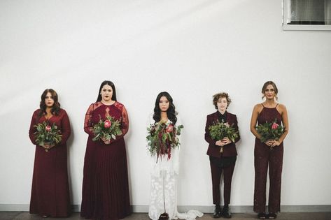 Bridesmaid Suits, Bridesmaids Jumpsuits, Edgy Wedding, Fall Bridesmaid Dresses, Stunning Bridesmaid Dresses, Bridesmaid Inspiration, Mismatched Bridesmaids, Wedding Winter, Winter Wedding Inspiration