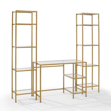 Stylish and modern, the Aimee 3pc Desk and Etagere Set is an eye-catching addition to any home office. With a sleek steel frame and tempered glass on the desktop and shelves, this set pairs with a variety of décor. Bring fashion and versatility to any room with the Aimee 3pc Desk Set. Vertical Bookshelf, Office Desk Set, Office Furniture Sets, Gold Desk, Desk Dimensions, Tempered Glass Shelves, Etagere Bookcase, Office Set, Office Furniture Desk