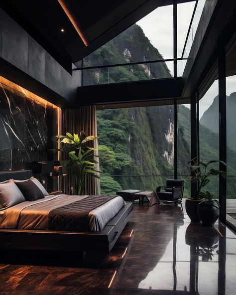 Fancy Bedroom Luxury Dark, Room Ideas For Men White, Dark Modern Master Room, Luxury Dark Bedroom Design, Bedroom Luxury Elegant Modern Black, Dark Interior Design Luxury Bedroom, Dark Luxurious Bedrooms, Black Luxury House Bedroom, Huge Modern Bedroom