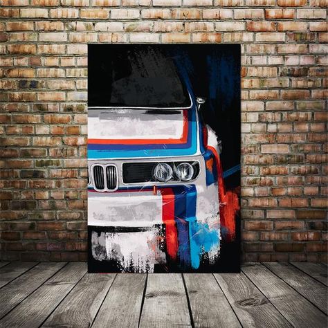 BMW Race Car M Colors. Famous 2002 BMW painting. IMSA 3.0 CSL car that won in Sebring in 1975. This is a digital painting, an expressive take on a classic car. Great gift for anyone who loves cars! I absolutely love sketching and painting cars. https://www.etsy.com/shop/zgarageart Will be printed on Bmw Race Car, Bmw Art, Bmw E39, Car Artwork, Unique Art Prints, Garage Art, Cave Decor, Large Canvas Wall Art, Industrial Art
