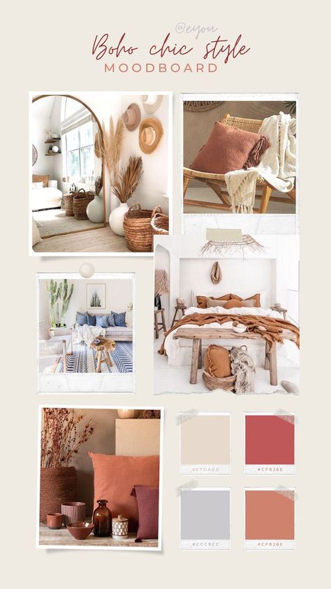 Inspiration : chambre à coucher Boho Style Interior Design, Boho Chic Interior, Mood Board Interior, Boho Chic Style, Interior Design Mood Board, Mood Board Design, Boho Interior, Mood Board Fashion, Estilo Boho