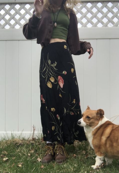 long skirt cardigan doc martens outfit Thrifted Cardigan Outfit, Long Skirt Outfits Whimsigoth, Long Flowered Skirt Outfit, Vintage Outfits Cardigan, Maxi Skirt Outfit Winter Aesthetic, Long Skirt And Docs Outfit, Doc Martens With Long Skirt, Midi Dress And Doc Martens, Long Skirt Outfits Vintage