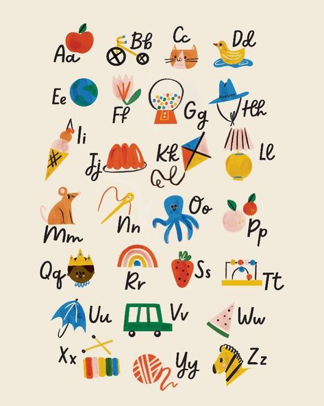 Abc Art Work, Alphabet Book Illustration, Name Illustration Ideas, Abc Mural, New Year Illustration Art, Abc Book Cover, Alphabet Mural, Alphabet Letters With Pictures, Name Illustration