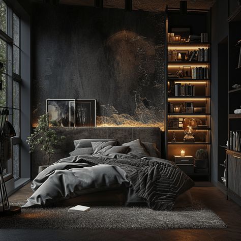 40 Modern Rustic Bedroom Ideas For Your Design Inspiration Modern Industrial Glam Bedroom, Modern Dark Room Aesthetic, Aesthetic Dark Bedroom Ideas, Dark Room Aesthetics, Dark Gaming Bedroom, Dark Bedroom Theme, Vintage Masculine Bedroom, Modern Dark Wood Bedroom, Masculine Beds