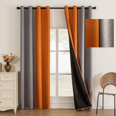 PRICES MAY VARY. 💗100% BLACKOUT: Finely crafted from high quality polyester fabric. These amazing solid curtain panels are sewn with black lining and absolutely block 100% sunlight, prevent 100% UV rays, reduce noise and give you 100% privacy. The best part is that they give you a real darkness for a good night sleep during the day! 💛 SIZE AND PACKAGING: Set includes 2 pieces of 52x96 inch blackout curtains. Each curtain has 8 grommets with an inner diameter of 1.6 inches (4 cm) and an outer d Fall Window Curtains Ideas, Burnt Orange And Gray Living Room, Orange Grey Bedroom, Grey And Burnt Orange Living Room, Orange And Gray Living Room, Burnt Orange Living Room Decor, Burnt Orange Curtains, Fall Curtains, Burnt Orange Living Room