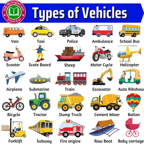 Different Types of Vehicles with Name and Pictures Types Of Vehicles Preschool, Types Of Cars Vehicles, Different Types Of Transportation, Types Of Cars Names, Food Names In English, Types Of Transport, Learn English Kid, Vehicle Types, Learning Numbers Preschool