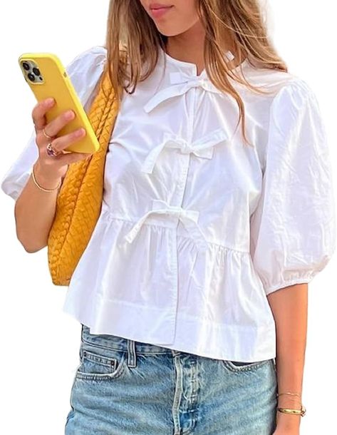 Tie Front Top Outfit, Babydoll Top Outfit, Short Sleeve Shirt Outfit, White Blouse Outfit, Blouse Y2k, Lace Up T Shirt, Ruffle Hem Blouse, Peplum Shirt, Outfit Y2k