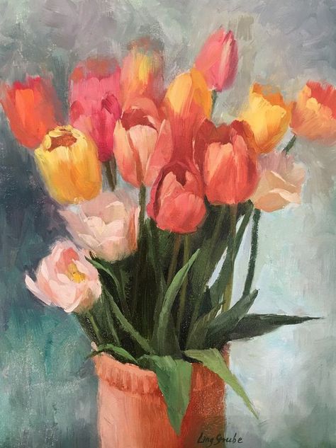 Tulip Drawing, Tulips Art, Tulip Painting, Art Animation, Tulips In Vase, Oil Pastel Art, Art Animals, Animals Art, Art Idea