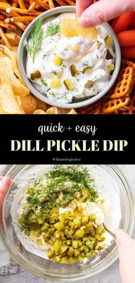 Tangy, thick ‘n creamy, packed with dill pickle flavor—this Dill Pickle Dip is so easy to make and comes together in minutes! Perfect as a dip for appetizers and on sandwiches. | Recipe at BeamingBaker.com Dill Pickle Dip Recipe, Pickle Dip Recipe, Dill Pickle Dip, Pickle Dip, Dill Pickle Chips, Chili Cheese Dips, Dill Dip, Creamy Dip, Quick And Easy Appetizers