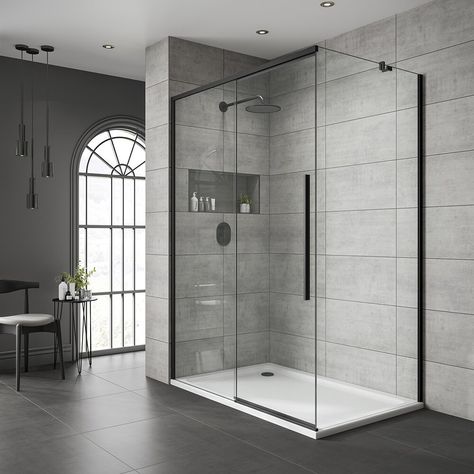The Jaquar door adds monochromatic sophistication to your bathroom by choosing this sliding shower door with matt frames and darkened glass. The smooth, easy-clean roller system ensures ease of function while the toughened safety glass provides peace of mind and confidence in quality construction. You can fit the door between two walls for a recessed enclosure. Configuration: Left Opening, Frame Finish: Black, Size: 200cm H x 170cm W Makeover Kamar Mandi, Cubicle Design, Shower Cubicle, Building Windows, Detail Arsitektur, Quadrant Shower Enclosures, Quadrant Shower, Bathroom Showers, Shower Box