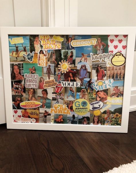Things To Put In Picture Frames, Pictures To Put In Your Room, Room Vision Board Ideas, Picture Gift Ideas For Best Friends, Things To Put Stickers On In Your Room, Pin Board Collage, Vision Board In Bedroom, Arts N Crafts Aesthetic, Diys For Room Decor
