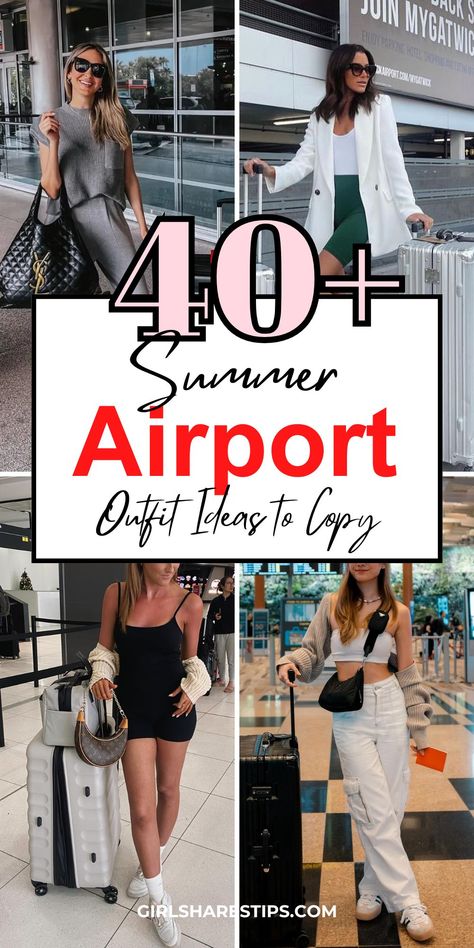 Upgrade your vacation style with 40+ chic airport outfit ideas perfect for summer travels. From shorts to skirts, from casual style to classy vibes, from cute dresses to clean girl aesthetic jeans outfits, we've got you covered! Stay comfy and fashionable on the go! Comfortable Airport Outfit Summer, Airport Looks Women, Cute Plane Outfit, Airport Travel Outfits Summer, Cute Travel Outfits Summer, Summer Travel Outfit Women, Summer Airport Outfit Travel Style, Cute Airplane Outfit, Cute Airport Outfit Summer