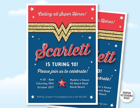 Wonder Woman Party Invitations, Wonder Woman Birthday Invitations, Wonder Woman Invitation Template, Wonder Woman Birthday Party, Women Party Ideas, Wonder Woman Birthday, Wonder Woman Party, Superhero Birthday Invitations, Girls Party Invitations