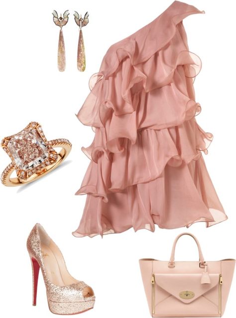 "Untitled #148" by angela-vitello on Polyvore Asymmetrical Chiffon Dress, Ruffle Tiered Dress, Pink Ruffle Dress, Fest Outfits, Afrikaanse Mode, Chiffon Cocktail Dress, Modieuze Outfits, Metallic Dress, Looks Vintage