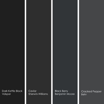 4 enticing black hues to try (left to right):    1. Dark Kettle Black 4011-2, from Valspar  2. Caviar SW6990, from Sherwin-Williams  3. Black Berry 2119-20, from Benjamin Moore.  4. Cracked Pepper UL260-1, from Behr Grey Kitchen Colors, Benjamin Moore Gray, Cabinets Painted, Black Paint Color, Farmhouse Paint Colors, Farmhouse Paint, Black Kitchen Cabinets, Modern Ideas, Bedroom Black