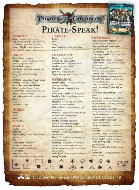 International Talk Like a Pirate Day...Savvy? Plus PIRATES OF THE CARIBBEAN: ON STRANGER TIDES Bonus Clips - We Are Movie Geeks International Talk Like A Pirate Day, Pirate Slang, Pirates Of The Caribbean Party, Pirate Phrases, Pirate Talk, Treasure Quotes, Caribbean Party, Talk Like A Pirate Day, Pirate Wedding