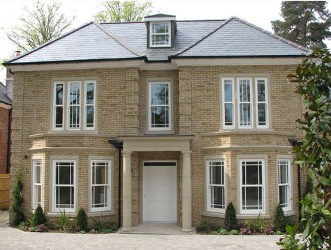 amber  pre cast Georgian style portico Georgian Bay Window Exterior, Georgian New Build, Double Bay Window Exterior, Double Fronted House Exterior Uk, Georgian House Uk, Modern Georgian House, Portico Designs, Bay Window Exterior, Georgian Farmhouse