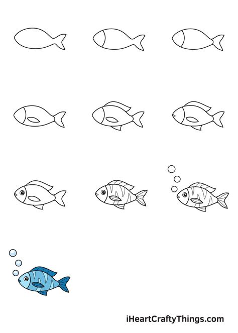 Fish Drawings Step By Step, Simple Sea Creature Drawings, Fish Drawing Tutorial, Fish Drawing For Kids, Easy Fish Drawing, Sea Animals Drawings, Draw A Fish, Trin For Trin Tegning, Sea Creatures Drawing