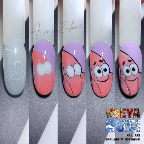 October Nail Art, Red Halloween Nails, Spongebob Nail Art, Halloween Nails Spooky, Nails Dark Red, Nails Spooky, Nails October, Spongebob Nails, Cartoon Nail Designs