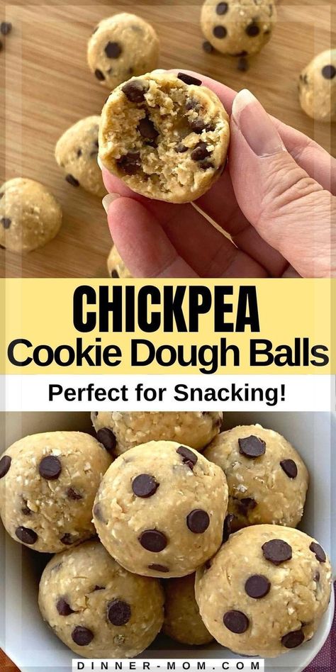 Looking for an easy, healthy snack for the lunchbox or your afternoon slump? Chickpea cookie dough balls taste like cookie dough. Really!!! But you can enjoy these no-bake bites raw. They're flourless, vegan, and gluten-free. Save them to your snacking board for when the craving hits and follow along for more easy, healthy recipes. Desserts Made From Chickpeas, Cooking With Chickpeas, Sweet Chickpeas Snack, Cookie Dough Bites Healthy, Healthy Chickpea Cookie Dough, Healthy Cookie Dough Chickpeas, Flourless Desserts Healthy, Chickpea Peanut Butter Cookies, No Cook Vegan Lunch