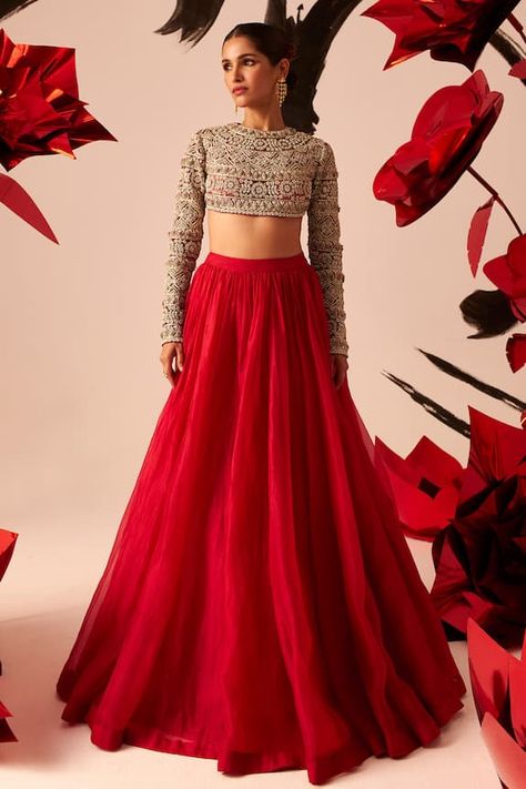 Red organza and net lehenga with an attached cancan. Comes with a padded blouse with geometric embroidery. - Aza Fashions Goddhana Outfits, Red Blouse White Lehenga, Modern Red Lehenga, Long Gown Dress Indian Wedding, Lehnga Skirt Designs, Red Lehenga Blouse Designs, Red Dress Outfit Indian, Plain Red Lehenga, Minimal Lehenga