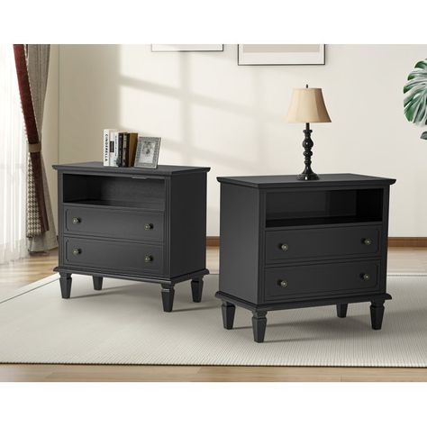 Amberlyn 2 Drawer Nightstand (Set of 2) Organisation, Farmhouse Nightstand, Nightstand With Charging Station, Nightstand Set, Black Nightstand, Bedside Table Design, Nightstand Set Of 2, House Property, Bedroom Furniture Stores