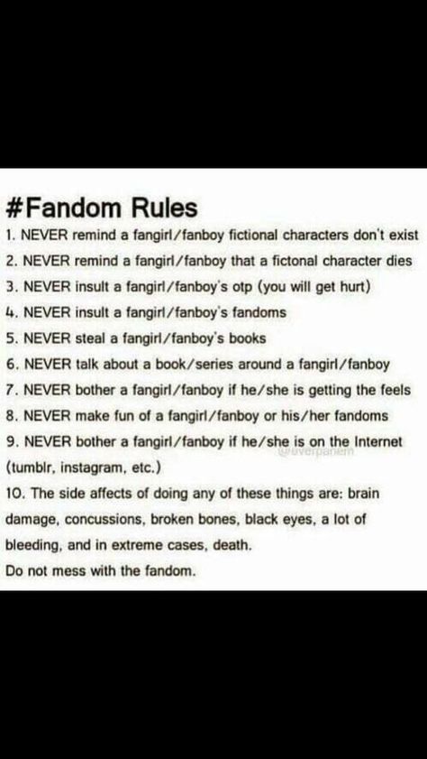 just follow these and we wont have a problem#Fandom#Fangirl Humour, Nerd Girl Problems, Fandoms Unite, Fangirl Problems, Nerd Problems, Fandom Memes, Nerd Girl, Book Memes, Geek Culture