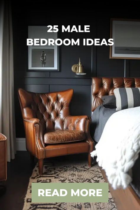 Transform your male bedroom into a stylish haven with these inspiring and practical decor ideas. From small spaces to a modern vibe, discover curated designs that reflect his unique personality and style. Find the perfect balance between sophistication and comfort, creating a space that feels like home. Explore various color palettes, furniture arrangements, and storage solutions tailored for men's bedrooms. Whether it's integrating masculine tones or adding functional elements, unlock the poten Manly Rooms Bedrooms, Decor For Mens Bedroom, Single Mans Bedroom Ideas, Bedroom Paint Colors For Men, Gentleman’s Bedroom, Masculine Bedding Ideas, Basement Bedroom Ideas For Men, Practical Bedroom Ideas, Masculine Bedroom Paint Colors