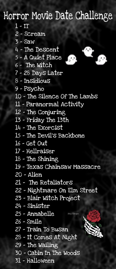 List of Halloween movies for date nights in October with your significant other List Of Scary Movies, Horror Movie Date Night Ideas, Horror Date Night, Top 10 Horror Movies List, 80s Movie List, Horror Movie Watch List, Scary Movies To Watch With Friends, Date Night Movies List, Scary Movie Night Ideas