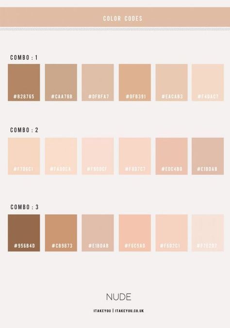 Nude Colour Scheme : A beautiful soft and light colour scheme in shades of skin tone. Nude Colour Scheme Nude Colour Hex Nude refers to the colour of skin which has many various tones, mostly referring to medium brown to light brown. It's a great accent colour for any other shade. Skin Color Palette Hex Code, Skin Color Hex Code, Skin Color Codes, Canva Color Palette Codes Neutral, Nude Paint Colors, Capuchino Color, Nude Palette Color, Neutral Color Palette Hex Codes, Color Palette Canva