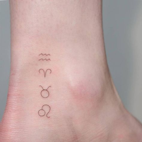 Aquarius, Aries, Taurus and Leo Zodiac symbols. Zodiac Sign Family Tattoos, Aquarius And Leo Tattoo, Family Zodiac Tattoos, Aquarius Sign Symbol, Taurus And Leo, Zodiac Signs Tattoos, Widder Tattoo, Ankle Tattoo Men, Leo Constellation Tattoo