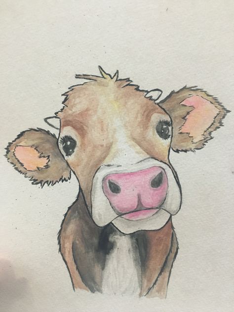 Cows Drawing Cute, Animal Drawings With Color, Cow Tutorial Drawing, Cute Drawings Of Cows, Highland Cattle Drawing, Easy Painting Animals, How To Draw Highland Cow, Drawing Ideas Easy Cow, Mini Cow Drawing