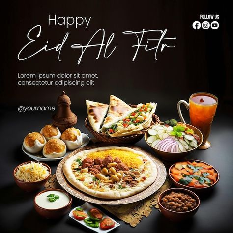 PSD happy eid alfitr poster with a backg... | Premium Psd #Freepik #psd #eid-food #eid-mubarak-flyer #eid-flyer #eid-al-fitr Eid Al Fitr Poster, Eid Mubarak Food, Islamic Food, Eid Adha Mubarak, Eid Food, Social Media Branding Design, Media Branding, Eid Mubarak Greetings, Adha Mubarak