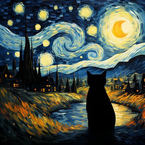 Van Gogh Cat, Starry Night Cat, Meow Art, Cat Art Painting, Van Gogh Style, Whimsical Art Paintings, Black Cat Sticker, Starry Night Painting, Van Gogh Starry Night