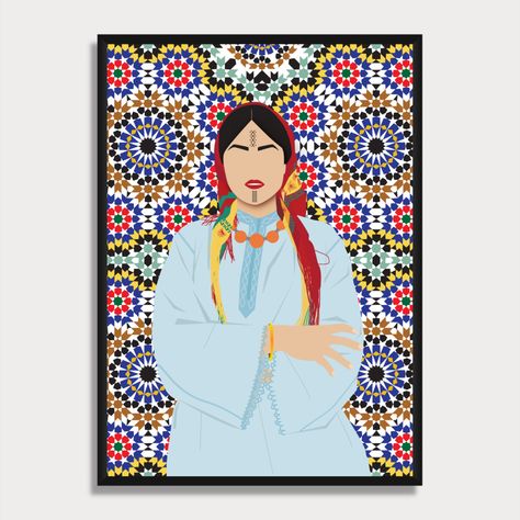 A faceless portrait of a Moroccan Amazigh woman with Amazigh tattoos, she wears traditional clothes: caftan, Foulard called Sebniya, Berber necklace, and bracelet. The background is the Moroccan zellij; a style of mosaic tilework made from individually hand-chiseled tile pieces. It is found in the architecture of Morocco as mosques, historic monuments, and riads. Amazigh Tattoos, Amazigh Woman, Moroccan Woman, Berber Necklace, Morocco Tiles, Morocco Art, Japan Wall Art, Moroccan Print, Dune Art